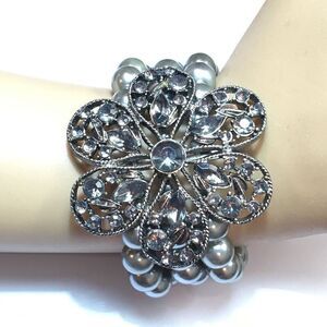 Gray Pearl & Rhinestone Bracelet Maximalist Flower Focal Silver Tone
